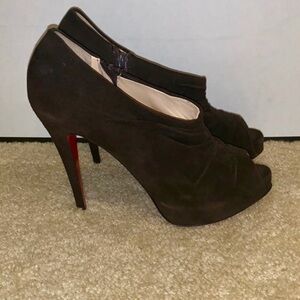 Christian Louboutin Dark Brown Suede Peep-Toe Booties with Red Sole